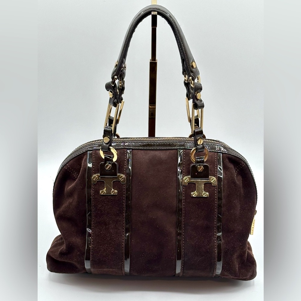 RARE AUTH TORY BURCH BROWN SUEDE & PATENT LEATHER NICO SATCHEL BAG